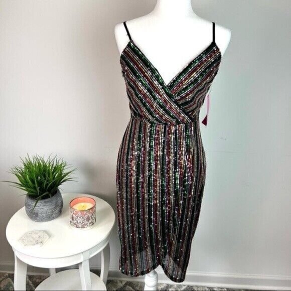 Betsey Johnson Womens Sheath Dress Multicolor Size 2 Sequin Striped Surplice - Picture 8 of 12